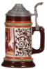 Porcelain stein, .5L, transfer & hand-painted, threading, marked H.R., 188/80, by Hauber & Reuther, pewter lid, mint.  - 2