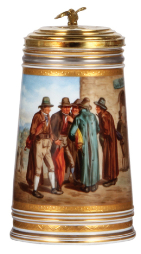 Porcelain stein, 1.0L, hand-painted, marked with Beehive, Royal Vienna type, gilded lid: dated 1876, 1'' scratch on underside, otherwise mint.
