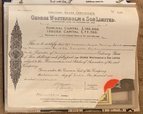 George Wostenholm & Son Limited Ordinary Shar Certificate