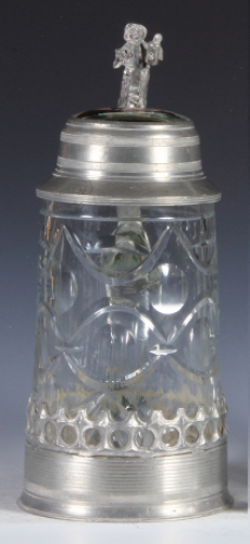 Glass stein, 1.0L, 10.6" ht., blown, cut, pewter base, porcelain inlaid lid: mountain lake, transfer & hand-painted, minor scuffs, overall good condition.