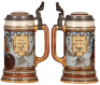 Two Mettlach steins, .5L, 1972, etched, inlaid lid, mint; with, .5L, 1932, etched, by C. Warth, inlaid lid, mint.  - 3