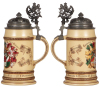 Mettlach stein, .5L, 280G, hand-painted, double student association, Teutonia & Franconia sei's Panier!, Giessen 1889, rare, pewter lid has tear, otherwise mint.  - 2