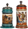 Two Mettlach steins, .5L, 2044, etched, inlaid lid, inlay cracks, owner I.D. on base; with, .5L, 1655, etched, inlaid lid has very good repair, body mint. 