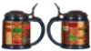 Two Mettlach steins, .5L, 2001B, decorated relief, Medical Book Steins, original silver-plated lid, worn plating, otherwise mint; with, .5L, 2714, cameo, by Stahl, 1" top rim fracture. - 2