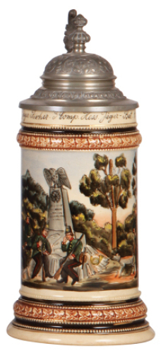 Regimental stein, .5L, 9.5'' ht., pottery, 3. Comp., Jäger Bataillon Nr. 11, Marburg, not dated, roster, floral thumblift, named to: Jäger Fischer, good pewter strap repair, body mint.