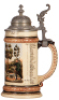 Regimental stein, .5L, 9.5'' ht., pottery, 3. Comp., Jäger Bataillon Nr. 11, Marburg, not dated, roster, floral thumblift, named to: Jäger Fischer, good pewter strap repair, body mint. - 2