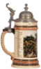 Regimental stein, .5L, 9.5'' ht., pottery, 3. Comp., Jäger Bataillon Nr. 11, Marburg, not dated, roster, floral thumblift, named to: Jäger Fischer, good pewter strap repair, body mint. - 3