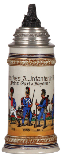 Military stein, 1.0L, stoneware, 1698 to 1914 commemorative for Kgl. bayr. 3. Inft. Regt., pewter lid with monument finial, mint.        