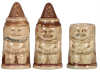 Three Character steins, 4.0" ht., pottery, by Diesinger, not numbered, Clowns, two have set-on lids, bodies are all in good condition, lids have small chips & faint lines.