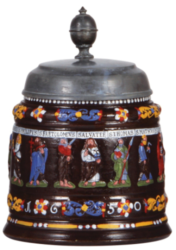 Creussen  stein, stoneware, 1.0L, relief, c.1910, Apostles, pewter lid, mint.