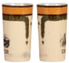 Two Mettlach beakers, .25L, 1290 [2327], Denver, PUG, interior glaze browning; with, .25L, 1290 [2327], Kansas City, PUG, tiny flake. - 2