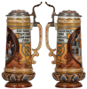 Mettlach stein, 1.4L, 13.1'' ht., 2690, etched, by F. Quidenus, inlaid lid, mint. - 2