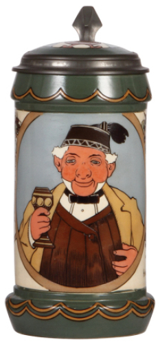 Mettlach stein, 1.0L, 3092, etched, by. H. Schlitt, inlaid lid, mint.