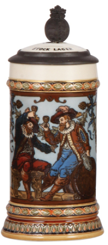 Mettlach stein, .5L, 1932, etched, by C. Warth, custom lid: Ulmer Doppel Stock Lager 1897, custom Württemberg thumblift, rare, mint.