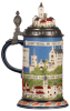 Mettlach stein, .5L, 2828, decorated relief, inlaid lid, top of tower on lid missing a small piece. - 3