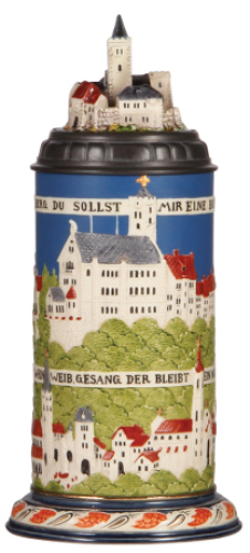 Mettlach stein, 1.0L, 2828, decorated relief, inlaid lid, very good inlay repair, body mint.