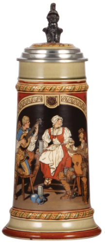 Mettlach stein, .5L, 2693, etched, inlaid lid, mint.
