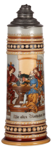 Mettlach stein, 4.5L, 20.0" ht., 1578, etched, pewter lid, mint.