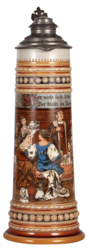 Mettlach stein, 4.5L, 20.7" ht., 1577, etched, pewter lid, mint.