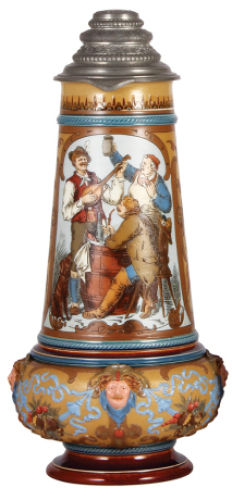 Mettlach stein, 6.2L, 19.6" ht., 1818, etched, by Gorig, original pewter lid, small relief chip on base relief, otherwise mint.
