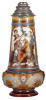 Mettlach stein, 6.2L, 19.6" ht., 1818, etched, by Gorig, original pewter lid, small relief chip on base relief, otherwise mint.