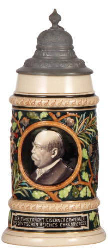 Pottery stein, .5L, relief, 1275, by Reinhold Hanke, Otto v. Bismarck, pewter lid, mint. 