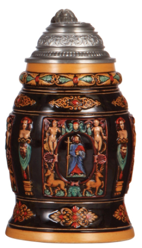 Pottery stein, 1.0L, relief, marked M. & W. Gr., 301, Creussen style, pewter lid, mint. 