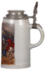 Stoneware stein, 1.0L, marked M.W.G., handpainted, The Slaughter of the Sendling Farmers in 1705, pewter lid, Munich Child thumblift, rare, mint. - 2