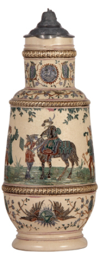 Pottery stein, 2.0L, 14.6" ht., by Diesinger, threading, pewter lid, pewter dented & tear, body very good condition.