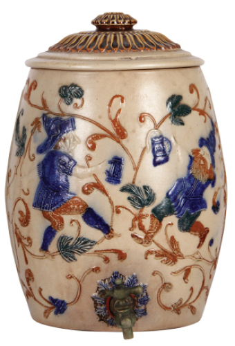 American stoneware cooler, 15.2” ht., 10.7” at widest point, #2, by Whites potteries Utica New York, relief gnomes, three glazed colors, original set on lid, original spigot, small chips and hairline, overall good condition.