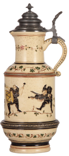 Pottery stein, 2.5L, 16.4" ht., by Diesinger, threading, pewter lid, very good condition.