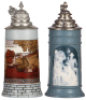 Two Mettlach steins, .5L, 2833A, etched, original pewter lid, mint; with, .5L, 2652, cameo, by Stahl, original pewter lid, mint.