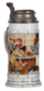 Mettlach stein, 1.0L, 2880, etched, relief pewter lid, missing center hinge ring, otherwise mint.