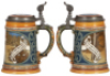 Two Mettlach steins, .5L, 2009, etched, by F. Stuck, fair inlay repair, interior painted; with, .5L, 1794, etched, by C. Warth, Bismarck, original metal lid, 1.5" horizontal base hairline. - 2