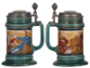 Three Mettlach steins, .5L, 2044, etched, inlaid lid, repaired body & inlay, with interior color change; with, .5L, 2900, etched, inlaid lid, Quilmes, base repaired & small chip on handle; with, .5L, 2101, etched, inlaid lid, finial repaired & interior br - 2