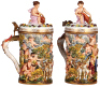 Porcelain stein, 1.0L, 11.2" ht., hand-painted & relief, marked N with crown, Capo-di-Monte, porcelain lid, a few flakes on the relief. - 3