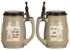Two Mettlach steins, .5L, 3071, relief, signed Stahl, inlaid lid, mint; with, .5L, 2931, relief, inlaid lid, glazed factory flake on underside of lid edge, mint. - 2