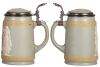 Two Mettlach steins, .5L, 3071, relief, signed Stahl, inlaid lid, mint; with, .5L, 2931, relief, inlaid lid, glazed factory flake on underside of lid edge, mint. - 3