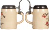 Two pottery steins, .4L, transfer & handpainted, marked L. Thannemann & Cie., München, Thomas-Bräu, München, matching relief pewter lid, name of owner on underside, otherwise mint; with, .5L, transfer & handpainted, marked M. & W. Gr., Münchener Bürger-Br - 2