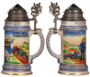 Regimental stein, .5L, 9.5" ht., stoneware, Masch. Gew. Comp., Kgl. bayr. Inft. Regt. Nr. 4, Metz, 1912 - 1914, two M.G. side scenes, roster, lion thumblift, named to: Reservist Kritzentaler, part of lower gold band is worn, pewter strap & shank repaired. - 2