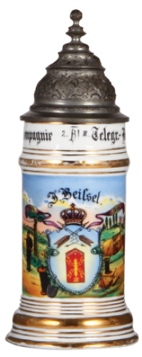 Regimental stein, .5L, 10.4" ht., porcelain, 2. Komp., Telegr. Batl. Nr. 3, 1904 - 1906, two side scenes, roster, eagle thumblift, named to: F. Beissel, excellent repair to pewter strap, a little gold wear.  