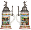 Regimental stein, .5L, 11.0" ht., porcelain, 2. Comp., Telegraphen Bataillon Nr. 4, Karlsruhe, 1907 - 1909, four side scenes, roster, griffin thumblift, named to: Reservist Dröge, a few names on roster slightly worn, pewter tear repaired.  - 2