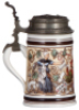 Porcelain stein, .5L, hand-painted, marked Nymphenburg, Gambrinus & Munich Child, relief pewter lid, mint. - 3