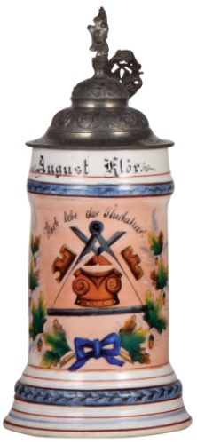 Porcelain stein, .5L, transfer & hand-painted, Occupational Stuckateur [Plasterer], pewter lid, rare, pewter tear repaired, body mint. From the Etheridge Collection & pictured in the Occupational Stein Book.