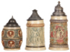 Six Diesinger steins, pottery, .5L, relief; with, .5L, 14, relief, minor pewter tear; with, .5L, 45, relief, pewter dent, flake; with, .5L, 44, relief; with, .5L, 45, relief, pewter dented & tears, base chip, all have pewter lids, unless noted in good con - 2