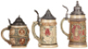 Six Diesinger steins, pottery, .5L, relief; with, .5L, 14, relief, minor pewter tear; with, .5L, 45, relief, pewter dent, flake; with, .5L, 44, relief; with, .5L, 45, relief, pewter dented & tears, base chip, all have pewter lids, unless noted in good con - 6