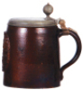 Stoneware stein, 8.1'' ht., Bunzlauer Walzenkrug, late 1600s, pewter lid, very good pewter strap & a tear repaired, body very good condition. - 5