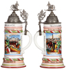 Regimental stein, .5L, 12.3" ht., porcelain, Leib Esk., Garde Drag. Regt. Nr. 23, Darmstadt, 1904 - 1907, two side scenes, roster, lion thumblift, named to: Reservist Gräser, replaced lid is incorrect & has a damaged finial, body mint.  - 2