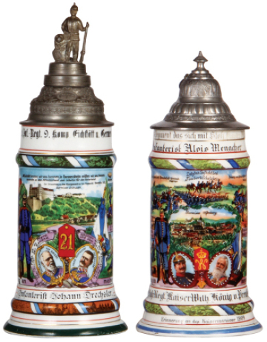 Two Regimental steins, .5L, 11.7" ht., porcelain, 9. Komp. bayr. Inft. Regt. Nr. 21 u. 23., Eichstätt  u. Germersheim, 1911 - 1913, four side scenes, roster, lion thumblift, named to: Infanterist Johann Drechsler, screw-off finial, poorly repaired pewter 