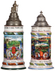 Two Regimental steins, .5L, 11.7" ht., porcelain, 9. Komp. bayr. Inft. Regt. Nr. 21 u. 23., Eichstätt  u. Germersheim, 1911 - 1913, four side scenes, roster, lion thumblift, named to: Infanterist Johann Drechsler, screw-off finial, poorly repaired pewter 